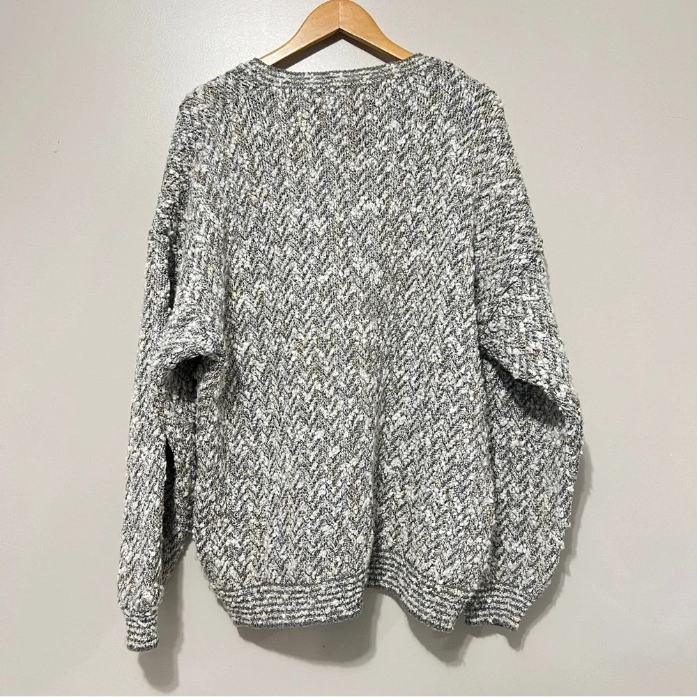 Leo Chevalier Oversized Chevron Knit V-Neck Sweater Grey White Marl Pullover 2XL - Picture 4 of 12